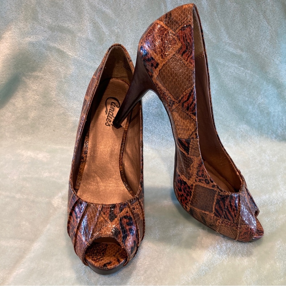 Candie's Open Toe Size 9.5 Medium 4" High Heel Shoes Brown Animal Print